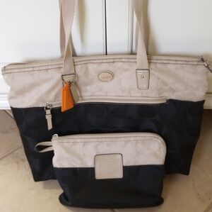 Coach Black & Tan Nylon Zippered Tote Bag